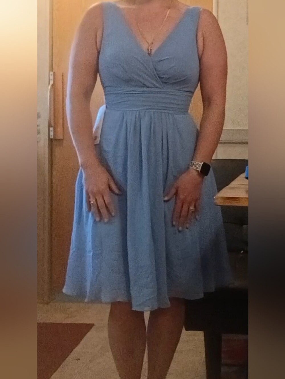 NWT Azazie Kyla A-Line Pleated Chiffon Knee-Length Dress Steel Blue Bridesmaid 6